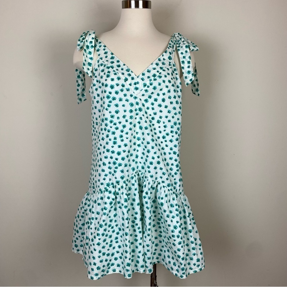 Rebecca Taylor Daisy Print Green White‎ Mini Drop Waist Dress Ruffle Sz M Bows